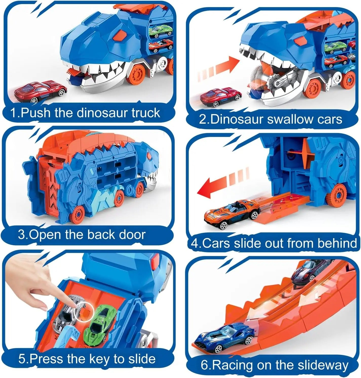 T-REX TRANSPORT TRUCK TOY | DINOSAUR TRANSFORMER WITH SLIDING TRACKS & CARS