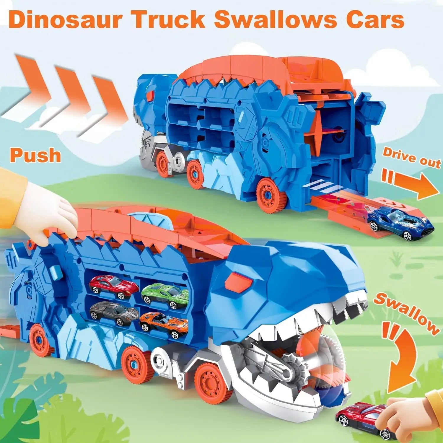 T-REX TRANSPORT TRUCK TOY | DINOSAUR TRANSFORMER WITH SLIDING TRACKS & CARS