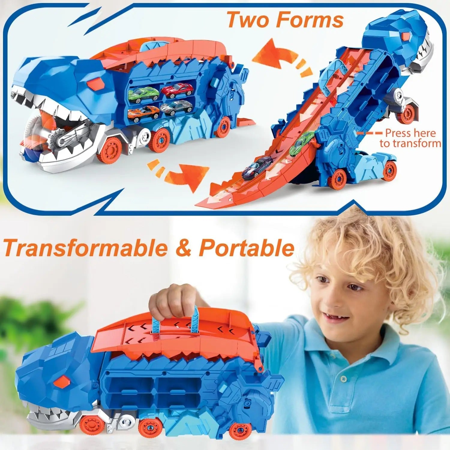 T-REX TRANSPORT TRUCK TOY | DINOSAUR TRANSFORMER WITH SLIDING TRACKS & CARS