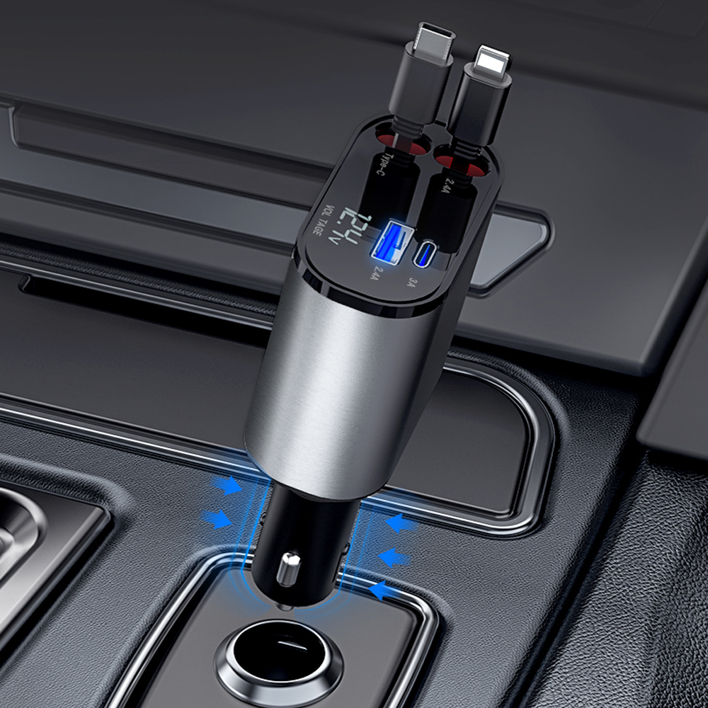 Fast Car Phone Charger - 60W Power with Convenient Cable Management for iPhone & Android both