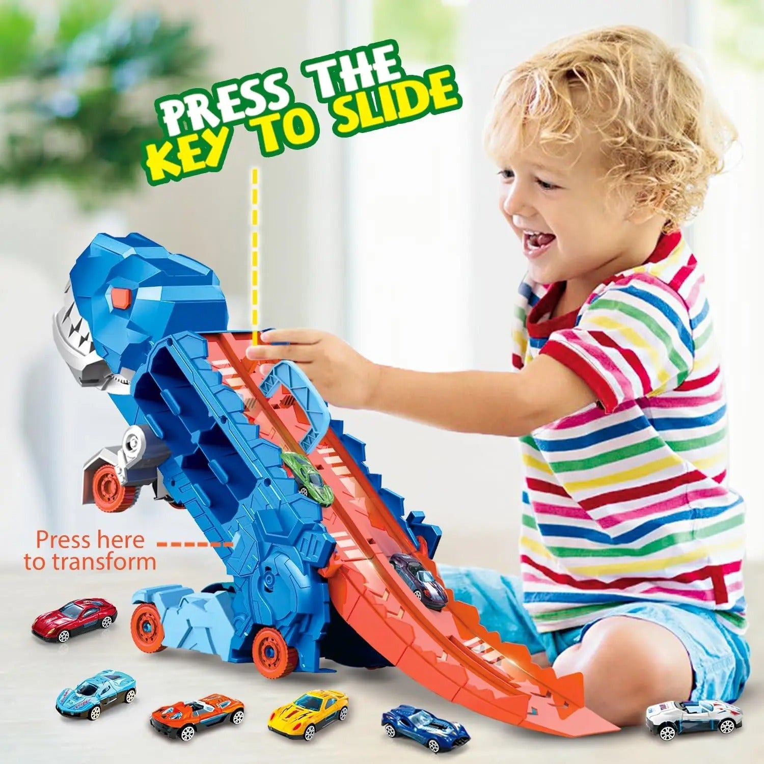 T-REX TRANSPORT TRUCK TOY | DINOSAUR TRANSFORMER WITH SLIDING TRACKS & CARS