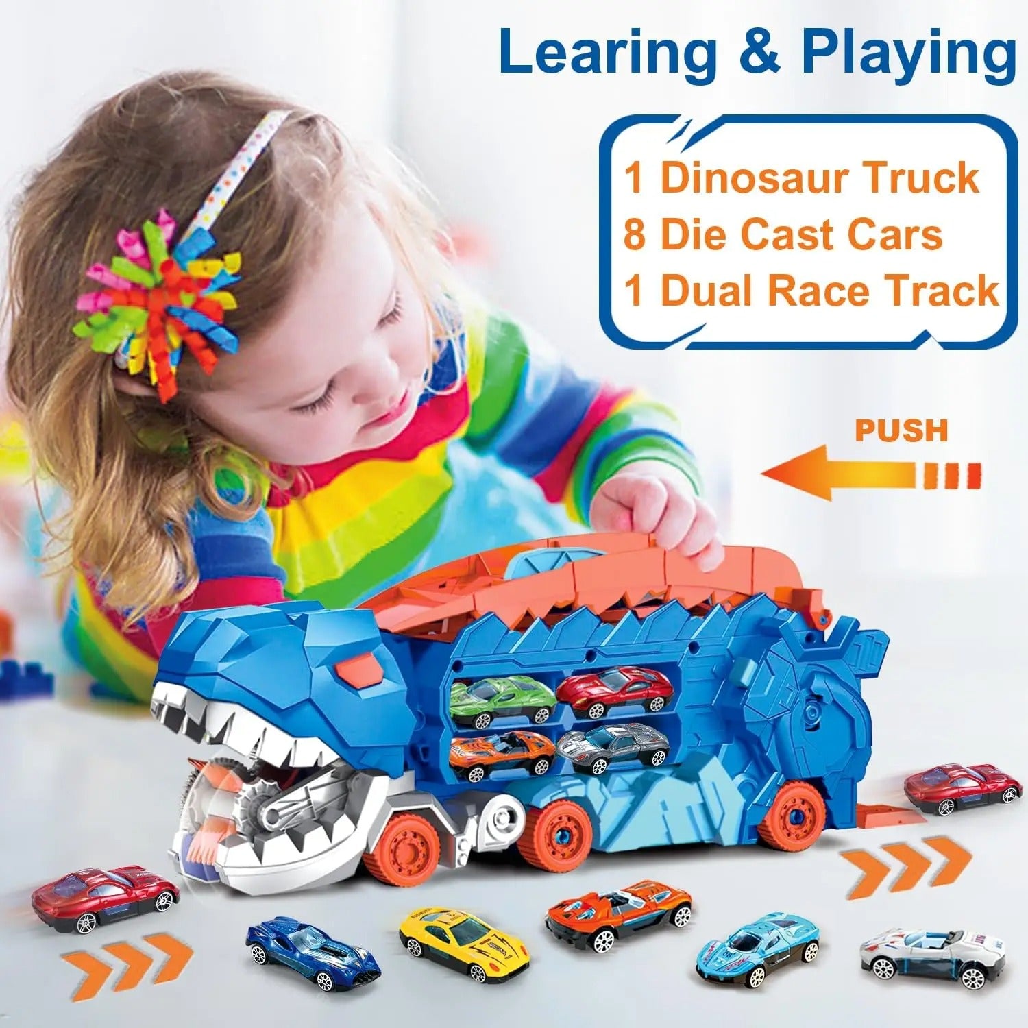 T-REX TRANSPORT TRUCK TOY | DINOSAUR TRANSFORMER WITH SLIDING TRACKS & CARS