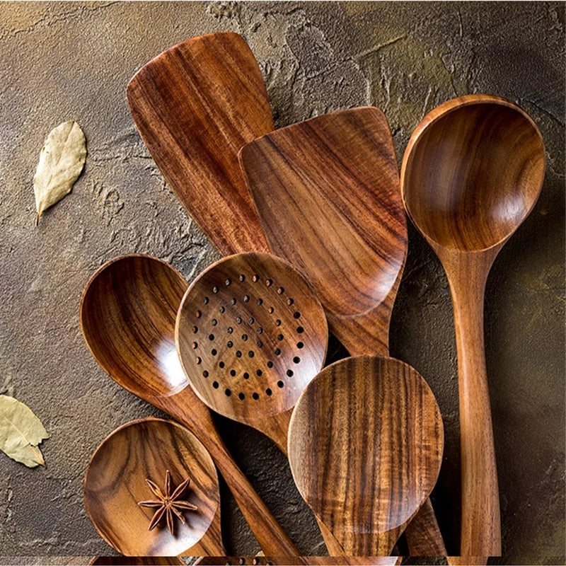 7-Piece Natural Teak Wood Kitchen Utensil Set