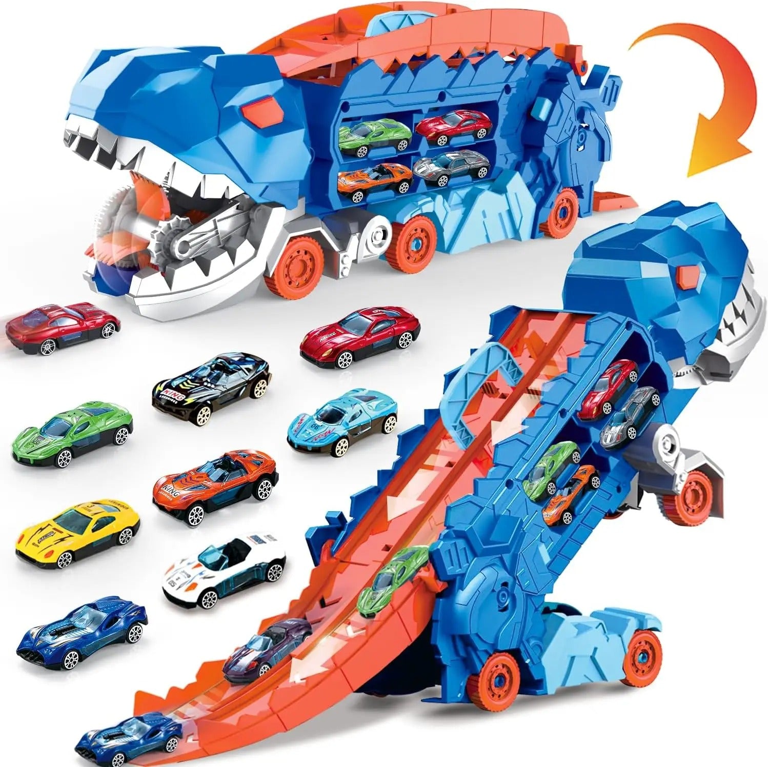 T-REX TRANSPORT TRUCK TOY | DINOSAUR TRANSFORMER WITH SLIDING TRACKS & CARS