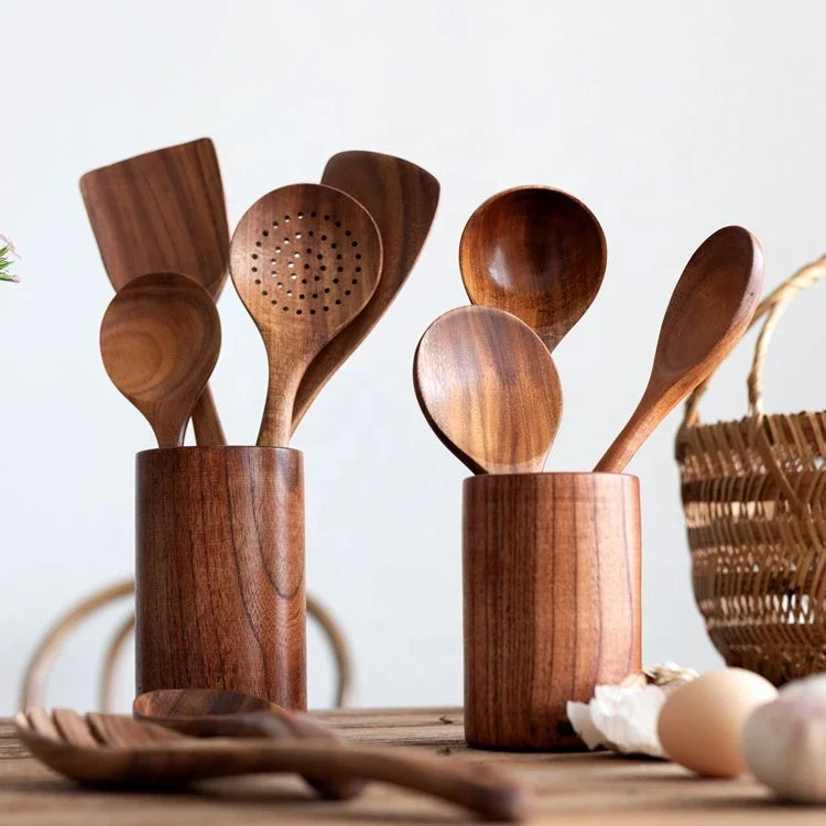 7-Piece Natural Teak Wood Kitchen Utensil Set