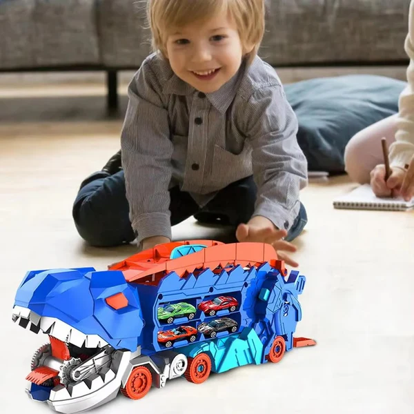 T-REX TRANSPORT TRUCK TOY | DINOSAUR TRANSFORMER WITH SLIDING TRACKS & CARS