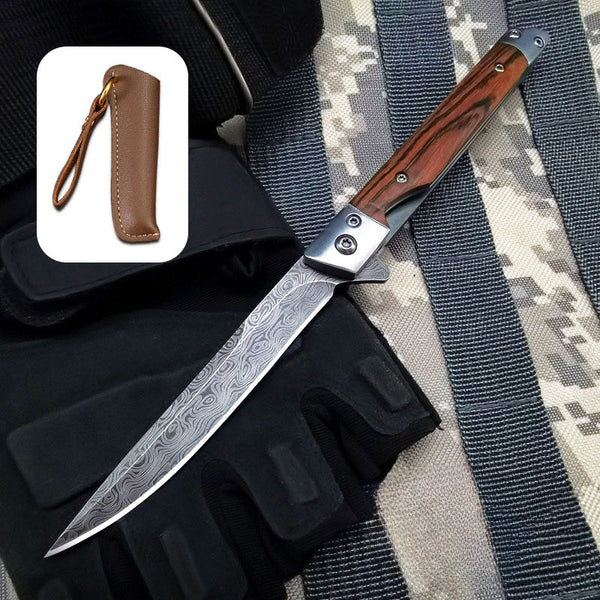 Versatile Folding Outdoor Knife | Wooden Handle for Work, Hiking, and Camping