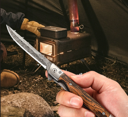 Versatile Folding Outdoor Knife | Wooden Handle for Work, Hiking, and Camping