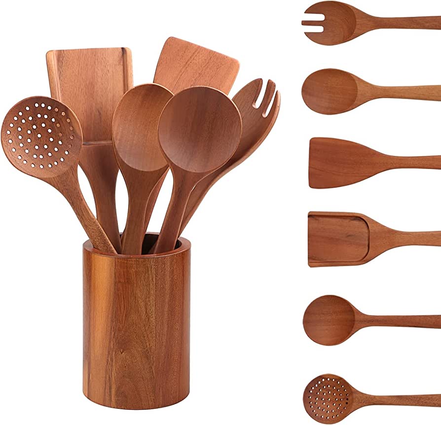 7-Piece Natural Teak Wood Kitchen Utensil Set