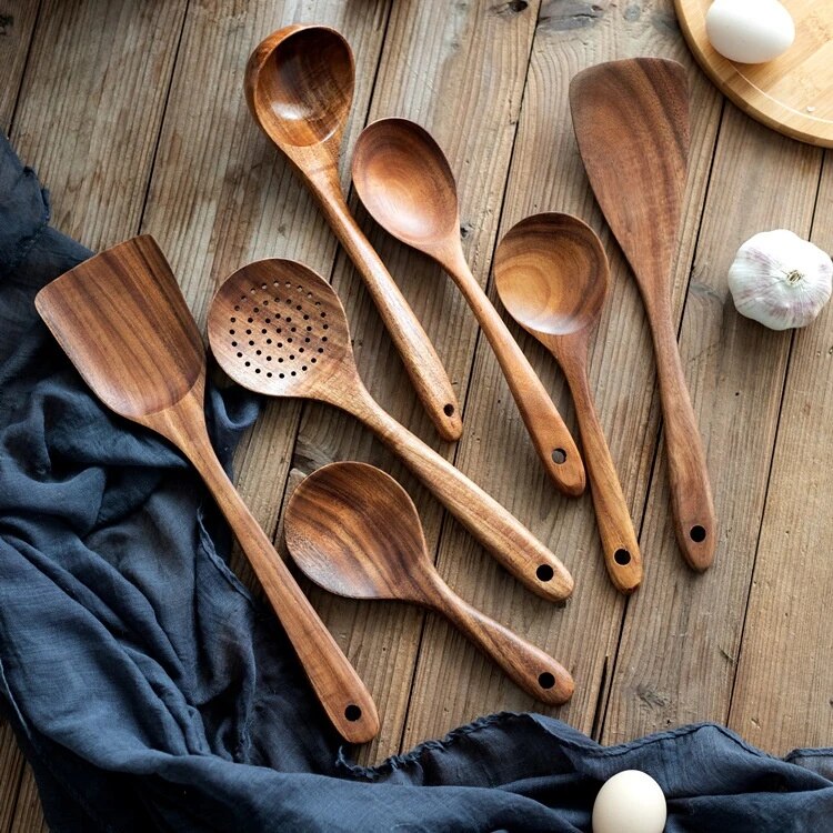 7-Piece Natural Teak Wood Kitchen Utensil Set