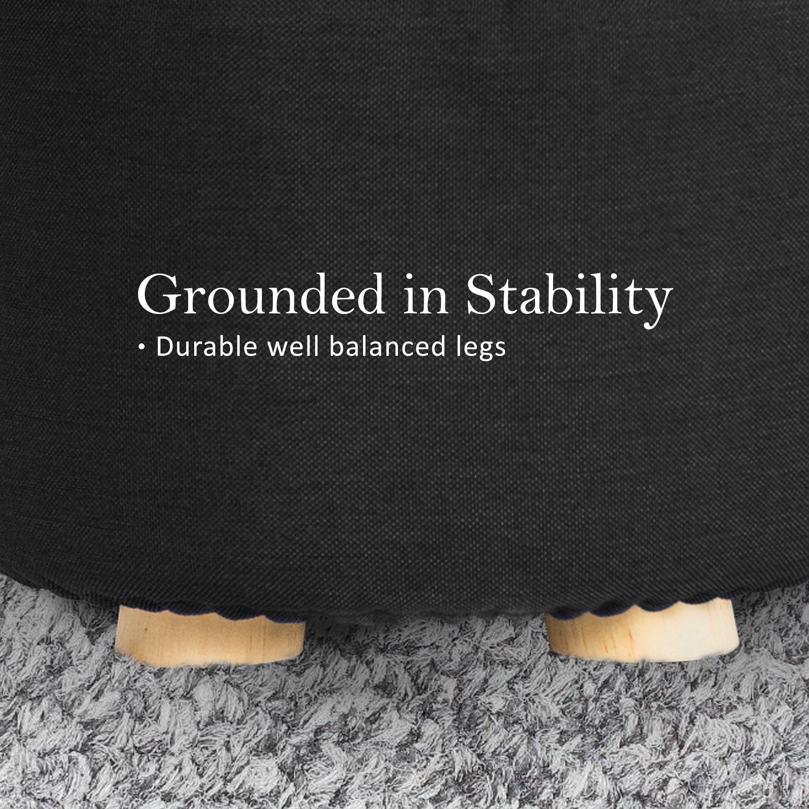 Fabric Ottoman Round Foot Stool Rest Pouffe Wooden Leg Padded Seat - BLACK