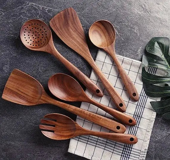 7-Piece Natural Teak Wood Kitchen Utensil Set