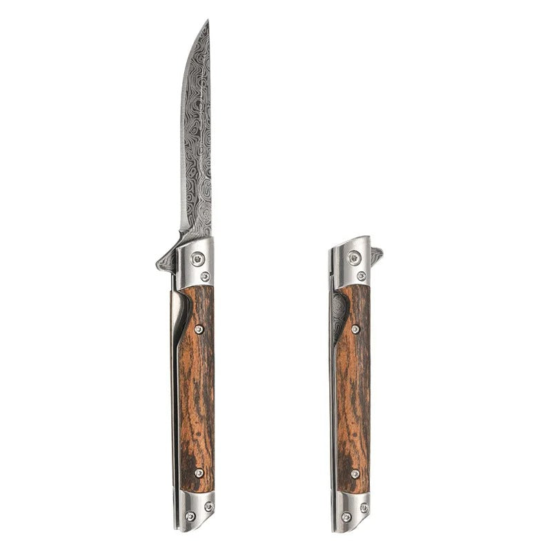 Versatile Folding Outdoor Knife | Wooden Handle for Work, Hiking, and Camping