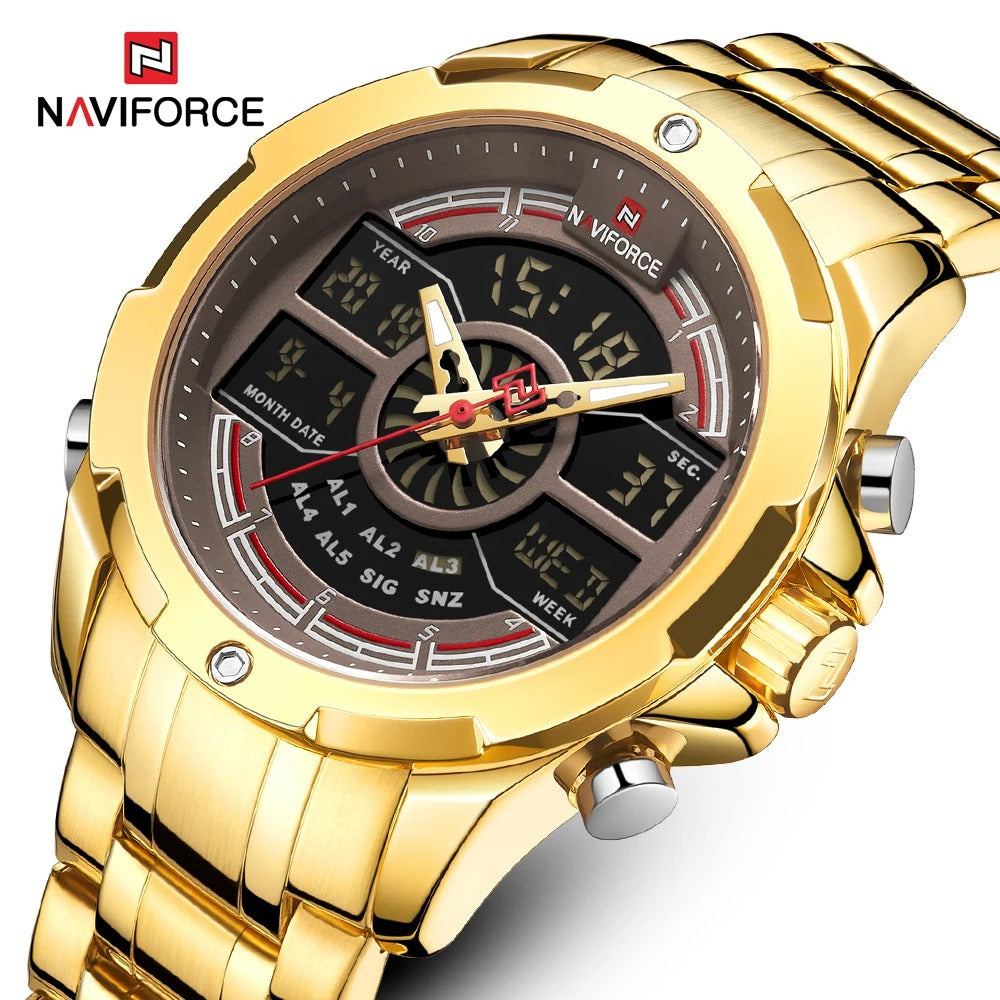 NAVIFORCE Men NF9170 Multifunctional Digit Luxury Gold Stainless Steel Luminous Sports Watch