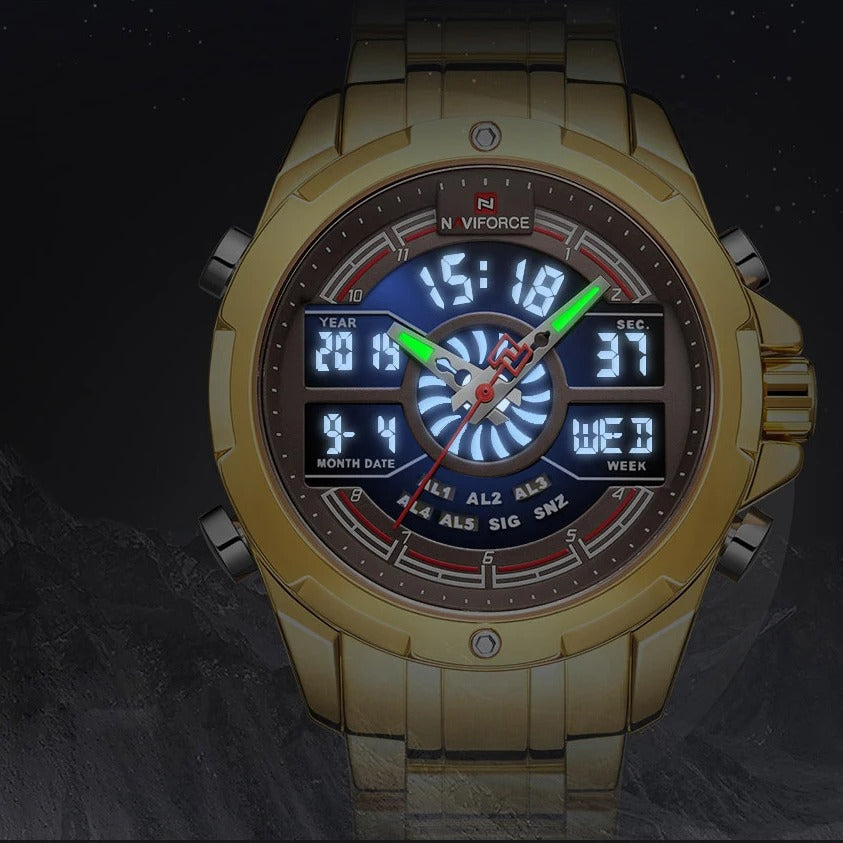 NAVIFORCE Men NF9170 Multifunctional Digit Luxury Gold Stainless Steel Luminous Sports Watch