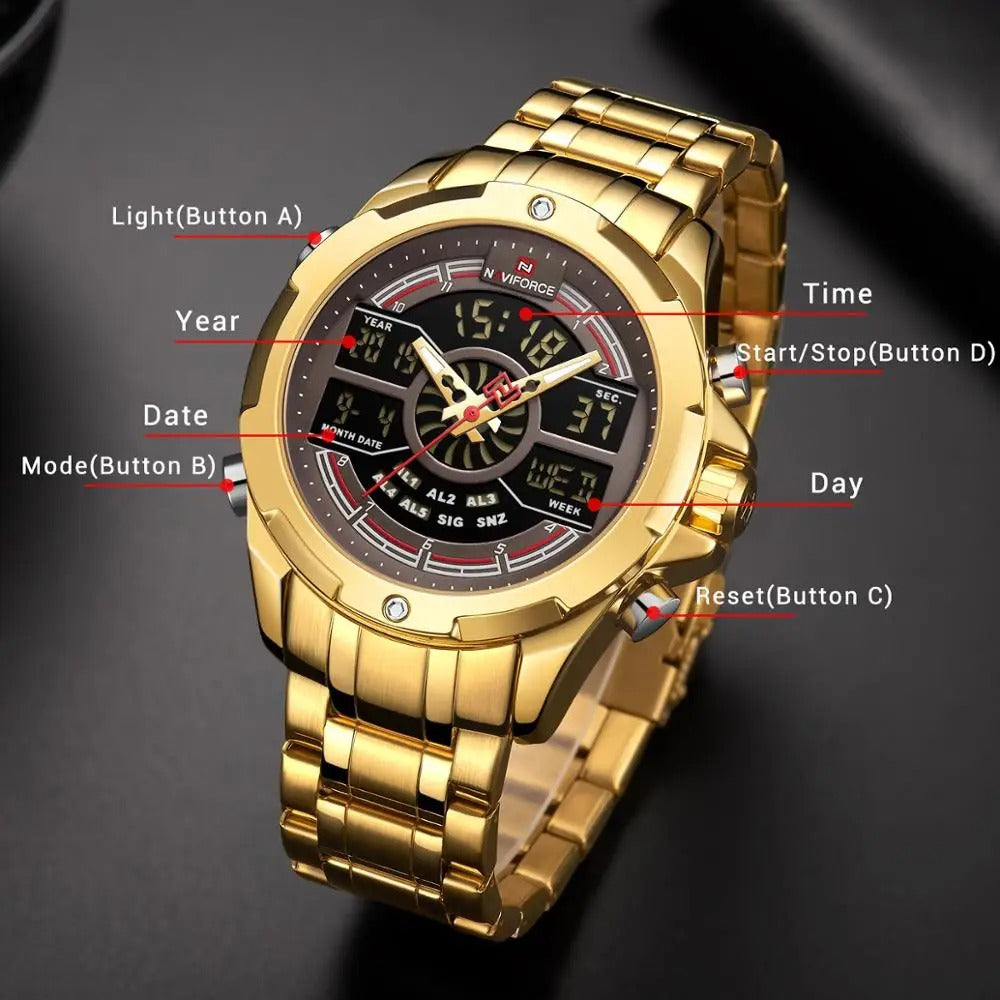 NAVIFORCE Men NF9170 Multifunctional Digit Luxury Gold Stainless Steel Luminous Sports Watch