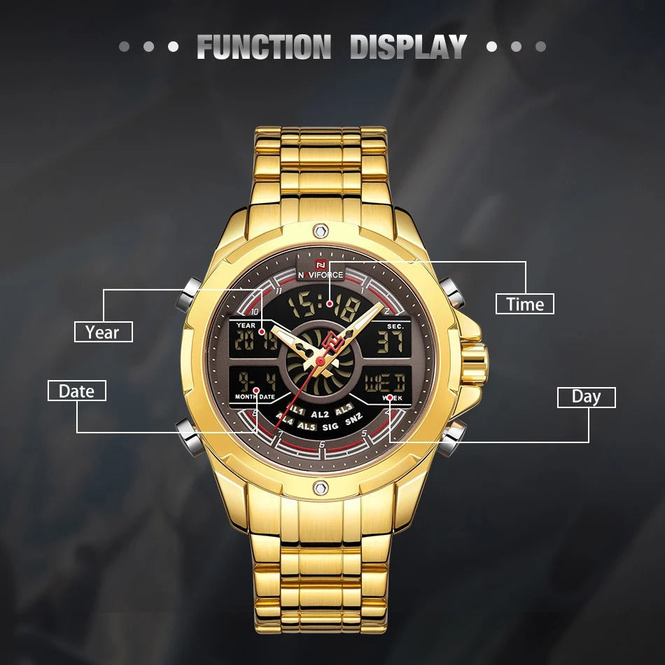 NAVIFORCE Men NF9170 Multifunctional Digit Luxury Gold Stainless Steel Luminous Sports Watch