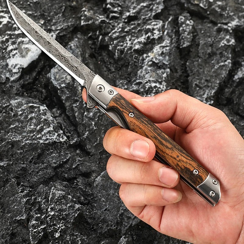 Versatile Folding Outdoor Knife | Wooden Handle for Work, Hiking, and Camping