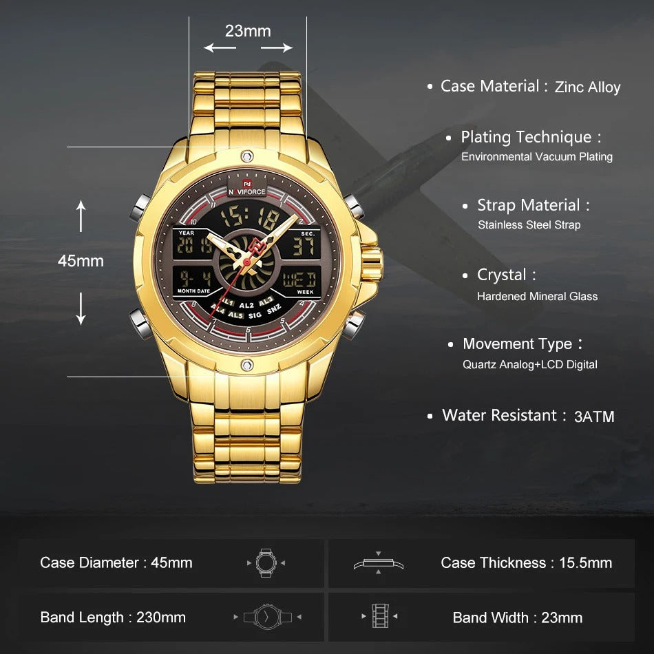 NAVIFORCE Men NF9170 Multifunctional Digit Luxury Gold Stainless Steel Luminous Sports Watch