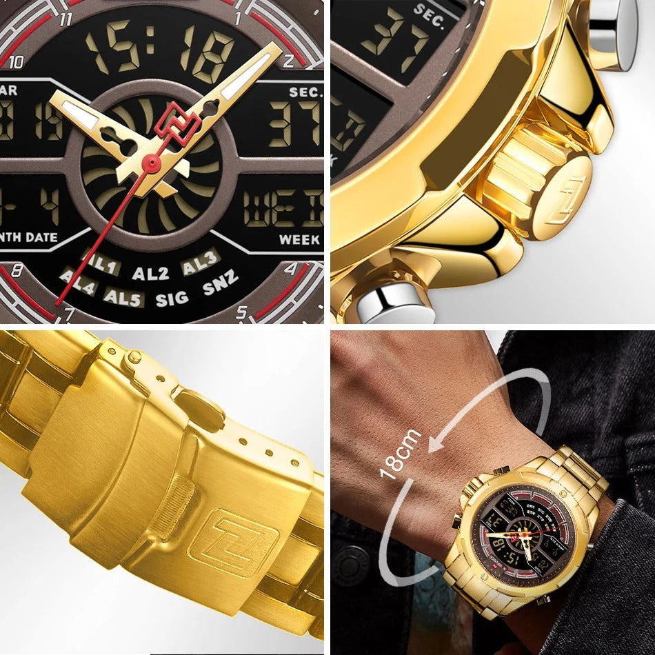 NAVIFORCE Men NF9170 Multifunctional Digit Luxury Gold Stainless Steel Luminous Sports Watch