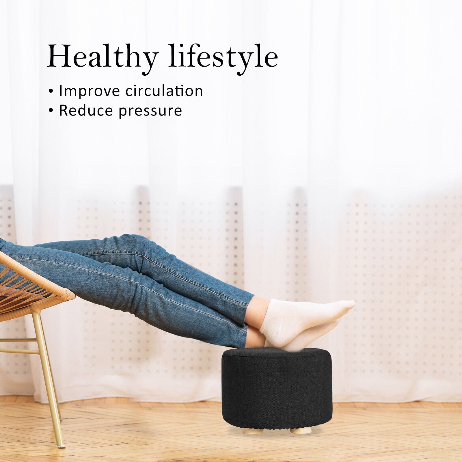 Fabric Ottoman Round Foot Stool Rest Pouffe Wooden Leg Padded Seat - BLACK