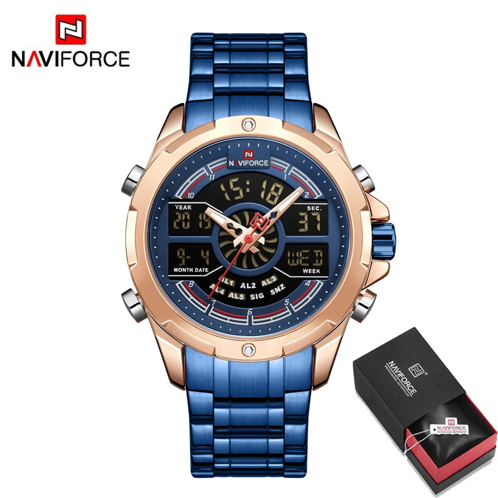 NAVIFORCE Men NF9170 Multifunctional Digit Luxury Gold Stainless Steel Luminous Sports Watch