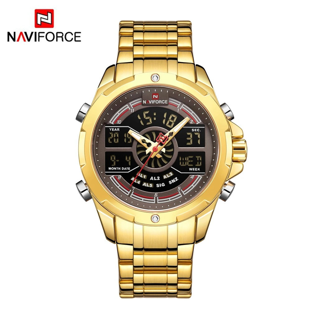 NAVIFORCE Men NF9170 Multifunctional Digit Luxury Gold Stainless Steel Luminous Sports Watch