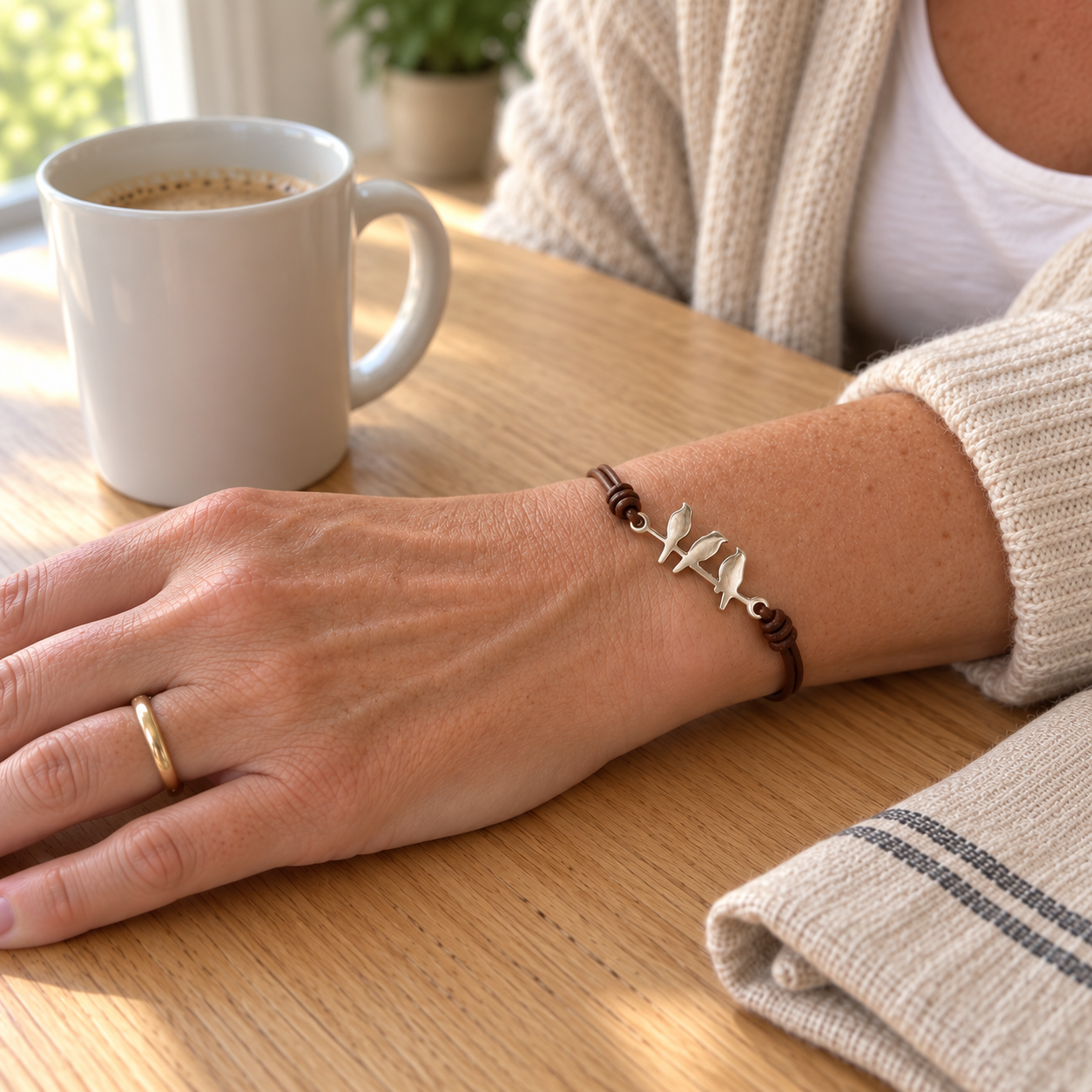 The bracelet worn alongside a gold ring