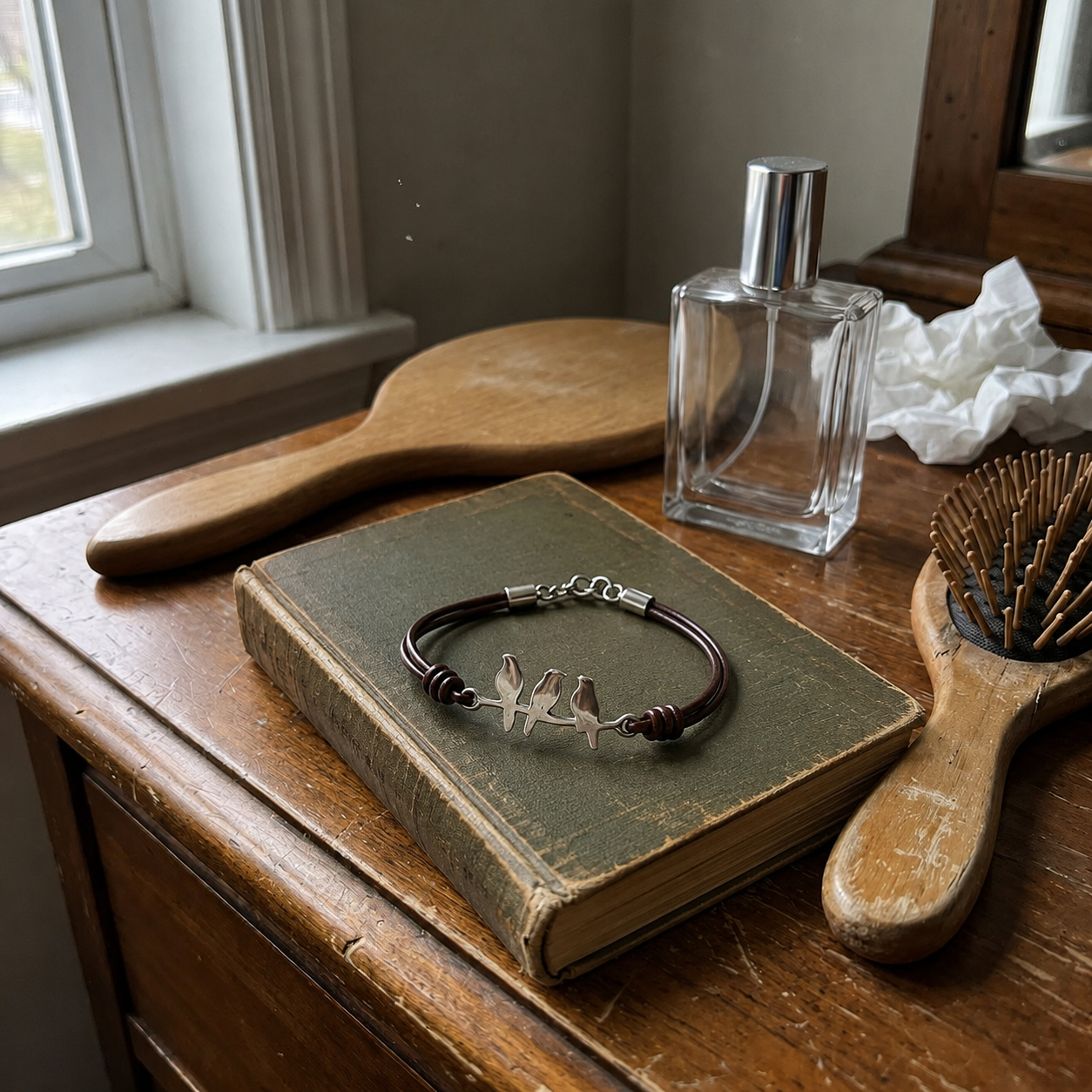 The bracelet left out on a dresser beside a hand mirror and perfume