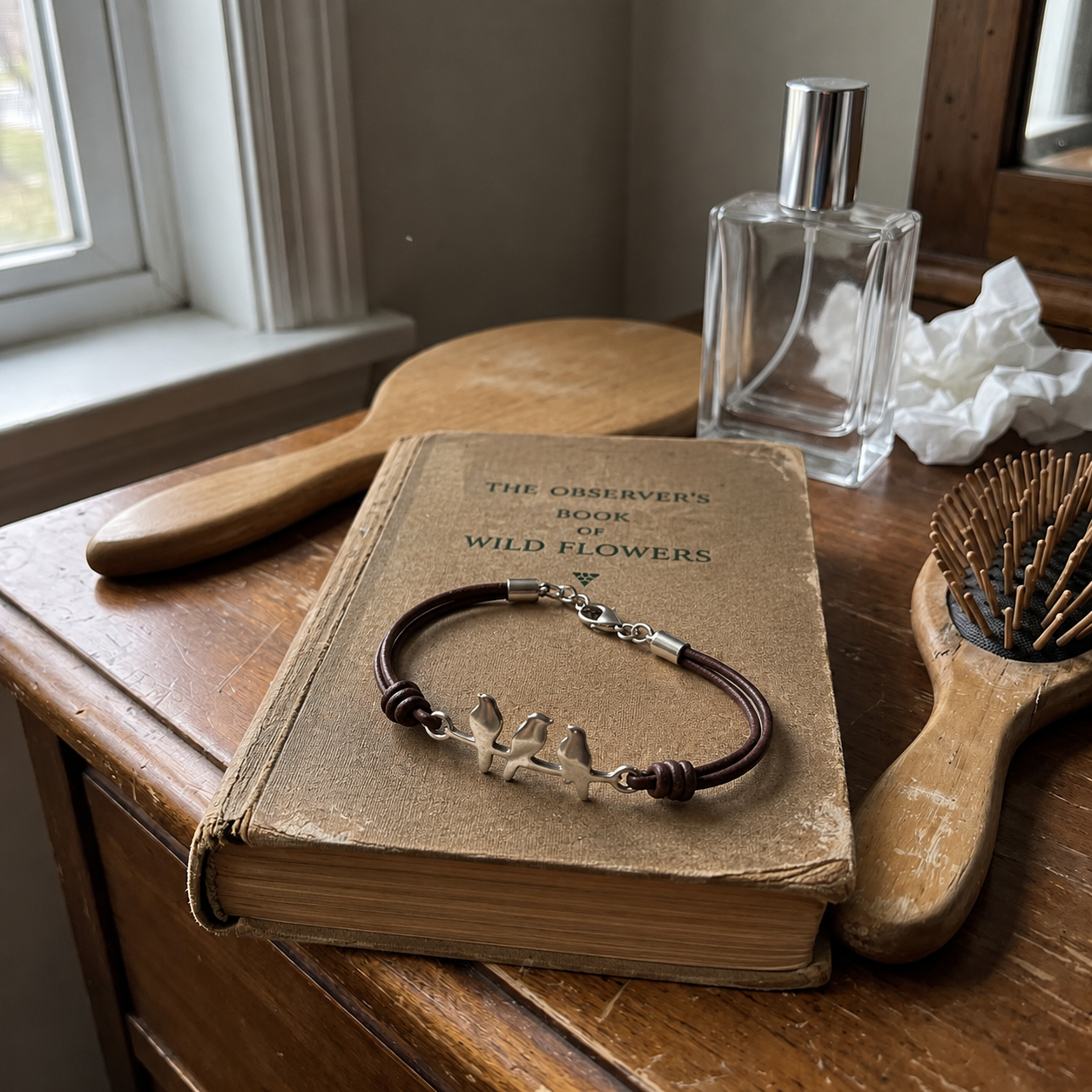 The bracelet resting on an old book on a wooden dresser