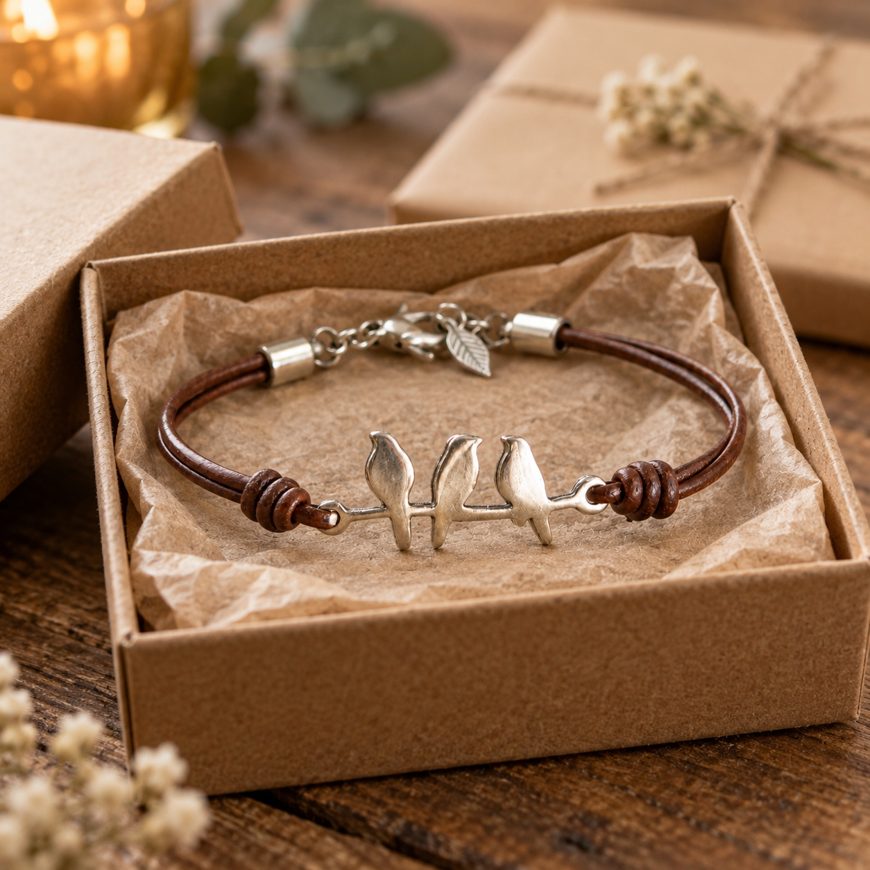 The bracelet held in the palm, showing the clasp and extender chain