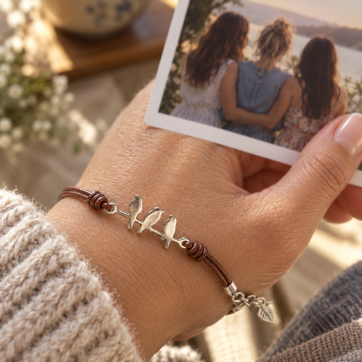 Close-up of the three silver birds on the bracelet